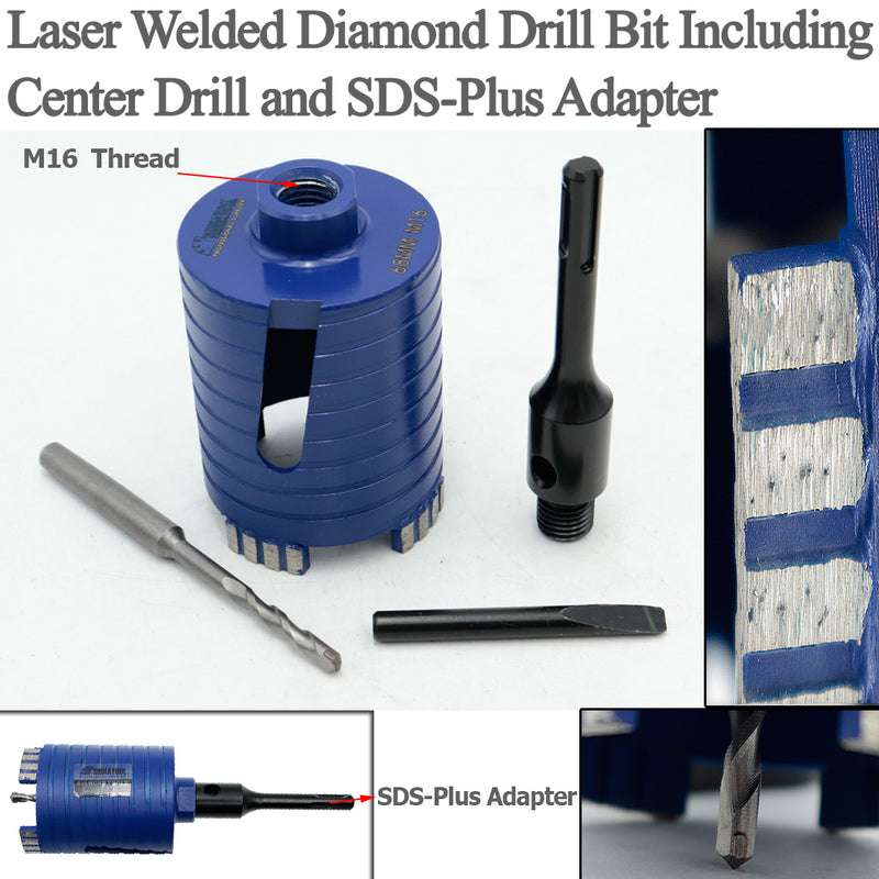 Diamond Core Drill Bit Including Center Drill and SDS-Plus or Hex Adapter for Brick Concrete Block wall Masonry Diameter 68/82mm 5/8-11 or M16 thread - DIATOOL