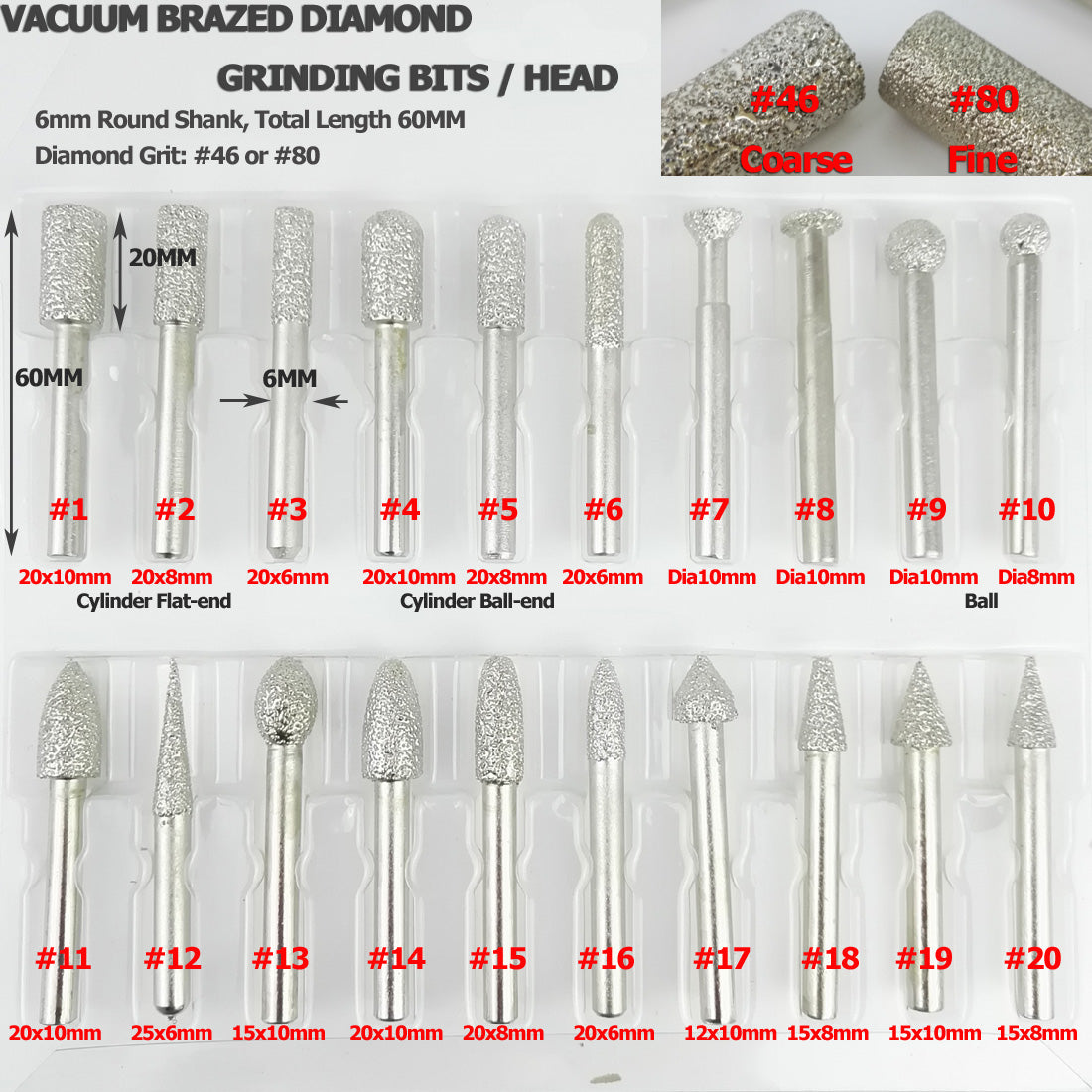 Diamond Grinding Bits for Engraving Stone Wooden Box Packed  20pcs Grit 46 - SHDIATOOL