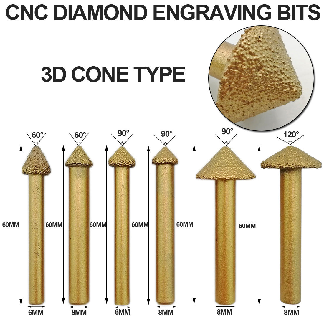 5pcs CNC Vacuum Brazed Diamond Engraving Bits for Stone Carving Tools granite - SHDIATOOL