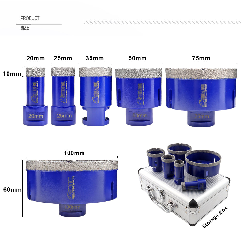 SHDIATOOL Diamond Drill Core Bits Set with Box M14 Thread for Granite Marble Ceramic Porcelain Tile 6pcs/Box Dia 20/25/35/50/75/100mm - SHDIATOOL