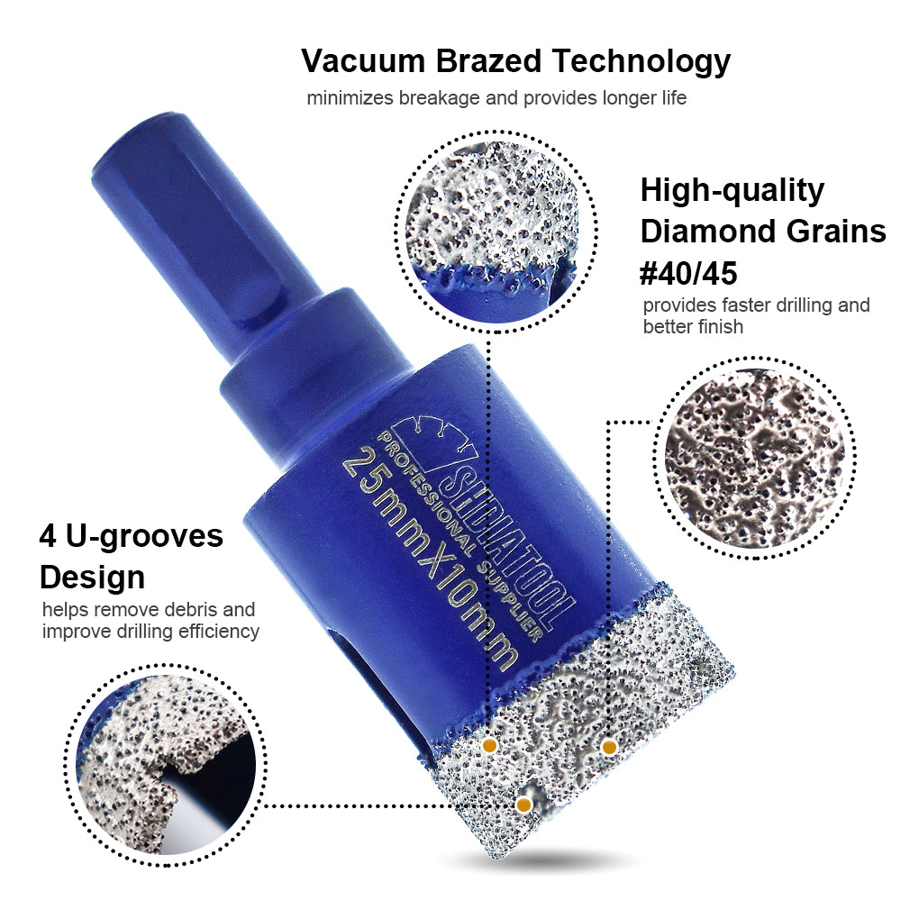 SHDIATOOL Diamond Drill Core Bits with Triangle Shank for Porcelain Tile Ceramic Granite Marble Masonry Stone Diamond Hole Saw Dia 20-68mm - SHDIATOOL