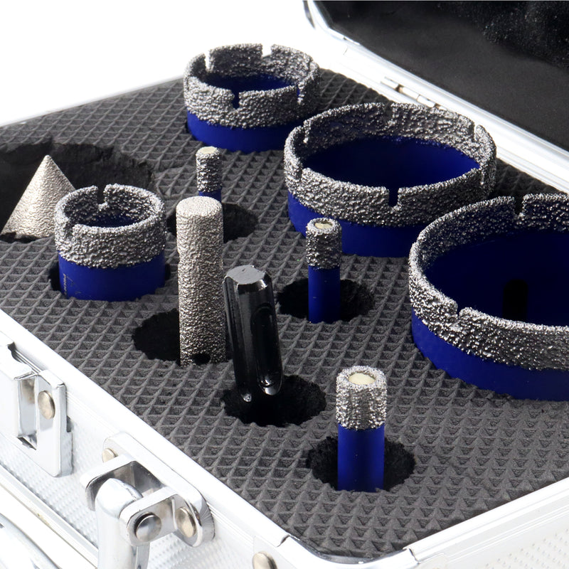 SHDIATOOL Diamond Drill Core Bits Set with 5/8-11 Thread for Porcelain Tile Granite Marble Ceramic 10pcs/Box Dia 6/8/10/20/25/35/50/65mm+10mm Finger Bit+50mm Chamfer Bit + SDS Adapter - SHDIATOOL