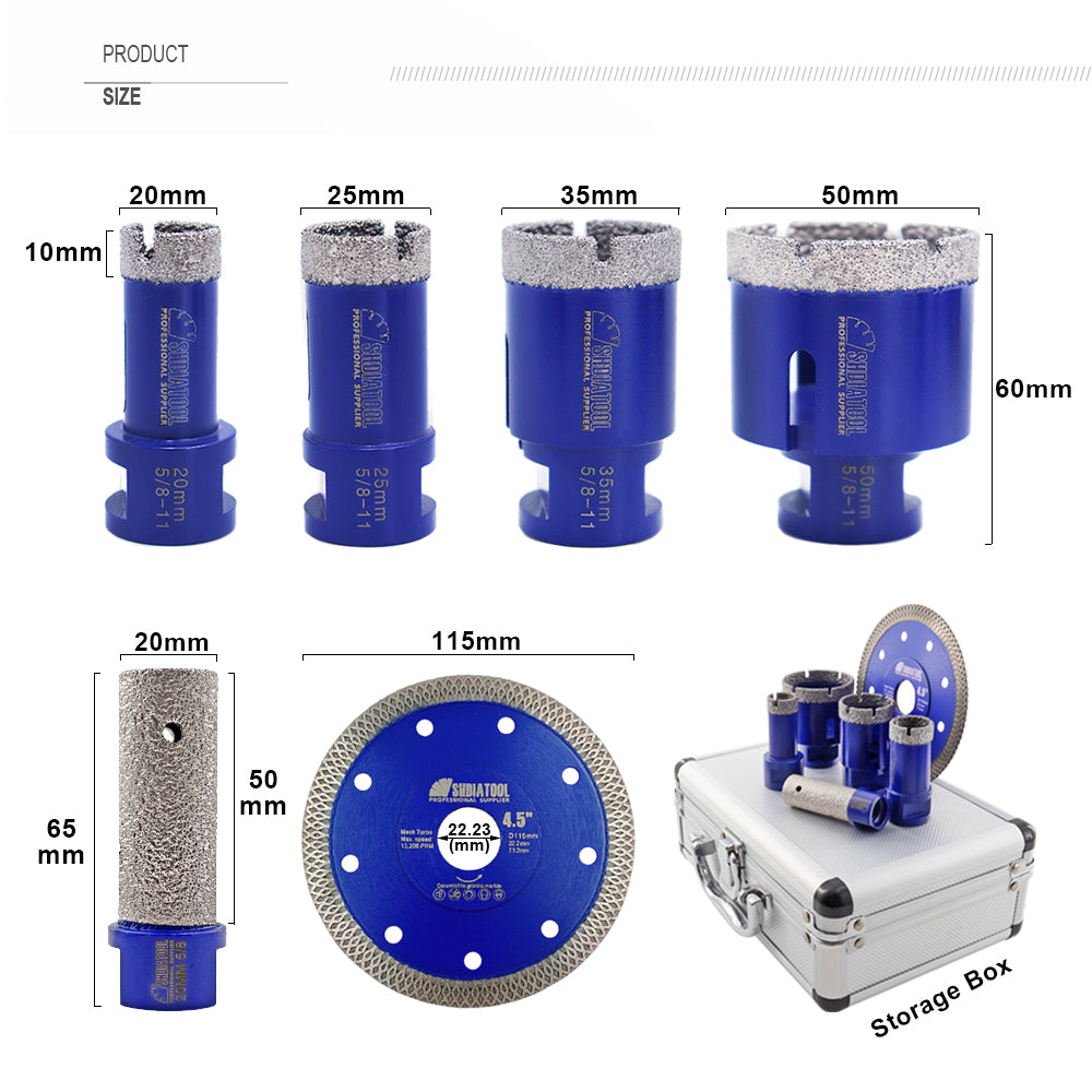 SHDIATOOL Diamond Drill Core Bits Set with 5/8-11 Thread for Porcelain Tile Granite Marble Ceramic 6pcs/Box Dia 20/25/35/50mm+20mm Finger Bit+115mm Saw Blade - SHDIATOOL