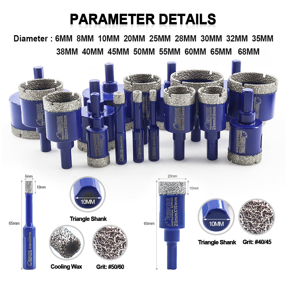 SHDIATOOL Diamond Drill Core Bits with Triangle Shank for Porcelain Tile Ceramic Granite Marble Masonry Stone Diamond Hole Saw Dia 20-68mm - SHDIATOOL