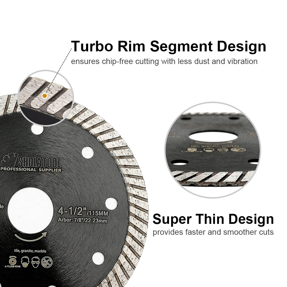 SHDIATOOL Super Thin Diamond Turbo Blade for Cutting Porcelain Ceramic Tile Granite 4" 4.5" 5" - SHDIATOOL