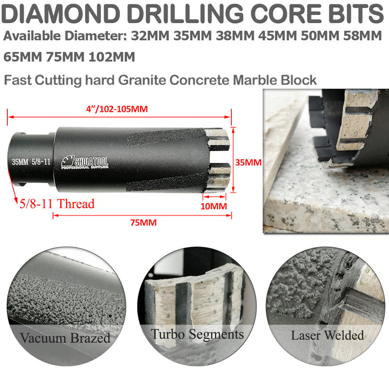 SHDIATOOL Diamond Core Drill Bits for Hard Stone Concrete Marble Granite Brick Laser Welded Dry Diamond Hole Saws 5/8-11 thread from 18mm to 102mm - DIATOOL